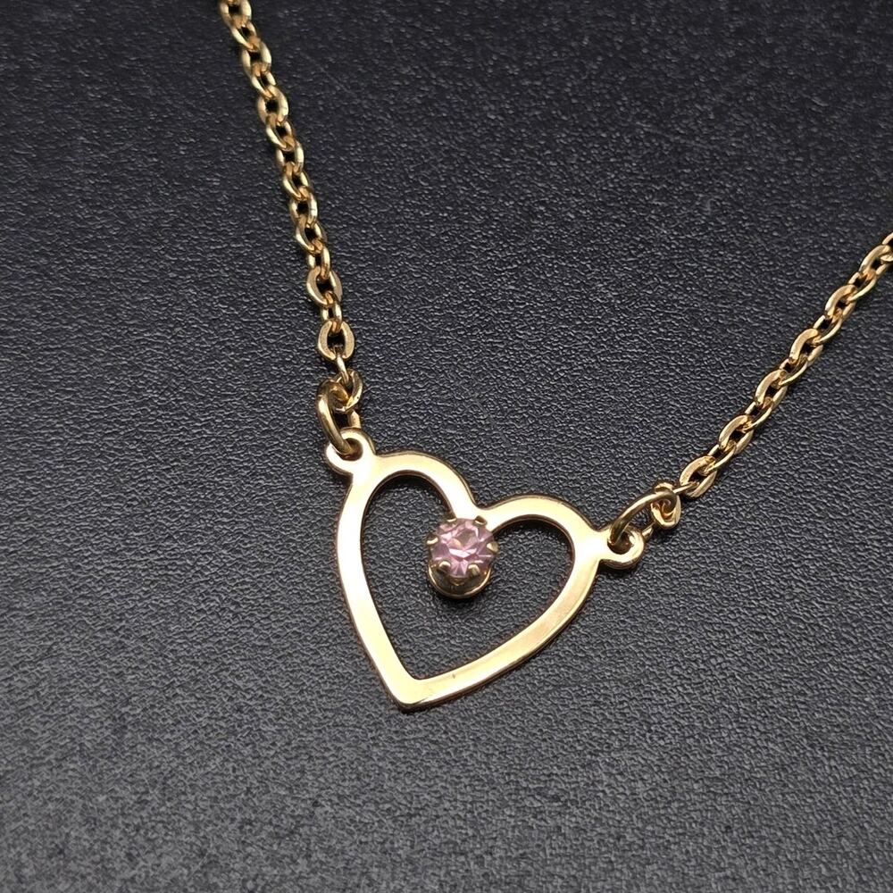 Avon Gold Tone Heart Pink Rhinestone Necklace Dainty Vintage Costume Jewelry